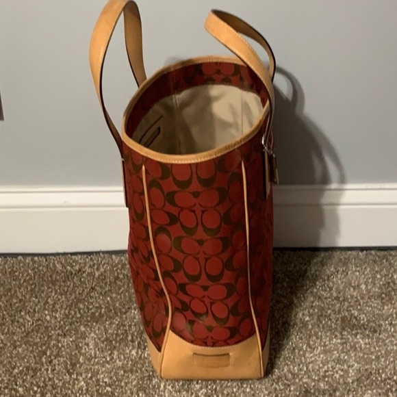 Coach Signature Canvas Tote. Wine & Brown letter C with leather trim detail. - Picture 3 of 3
